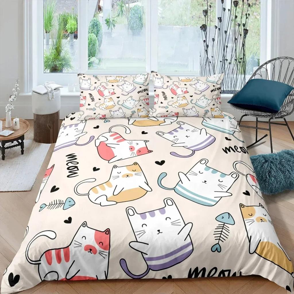 Cartoon Katze Bettbezug Set Cartoon Tierdruck Bettwäsche Set mit Kissenbezug Bettdeckenbezug für Schlafzimmerdeko