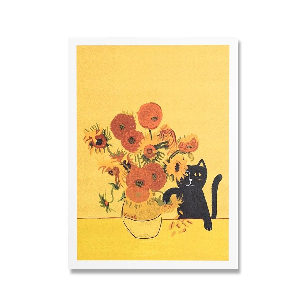 Funny Sunflower Waterlily With Cats Poster Print Yayoi Catsama's Pumpkin Canvas Painting Wall Art Picture For Nursery Home Decor No Frame