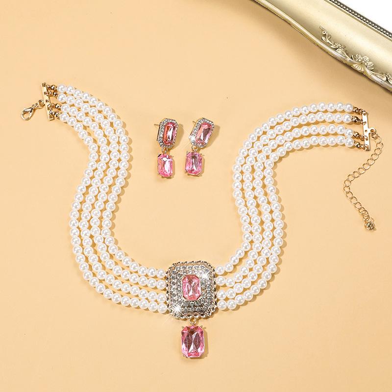 Multi-layer Bridal Anti-Pearl Earrings Necklace Geometric Crystal Full Diamond Necklace Set Choker Female