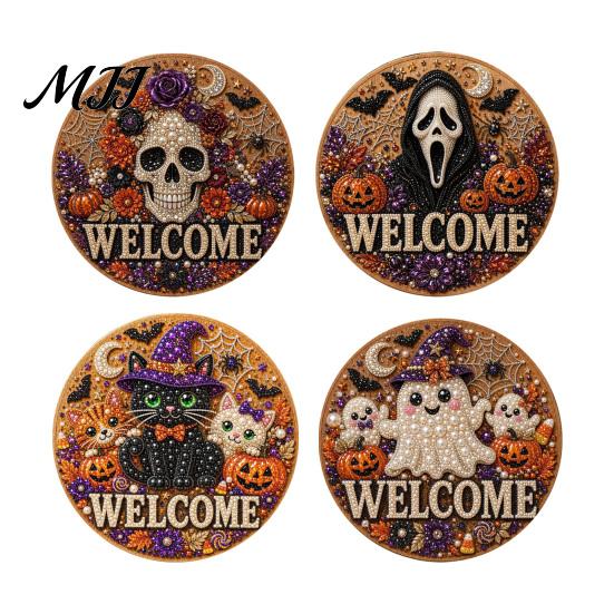 Cat Welcome Sign Kit Halloween Faux Pearl Door Kit, Ghost Skull Skeleton Crafts Handmade Painting Arts for Wall Decoration DIY Art