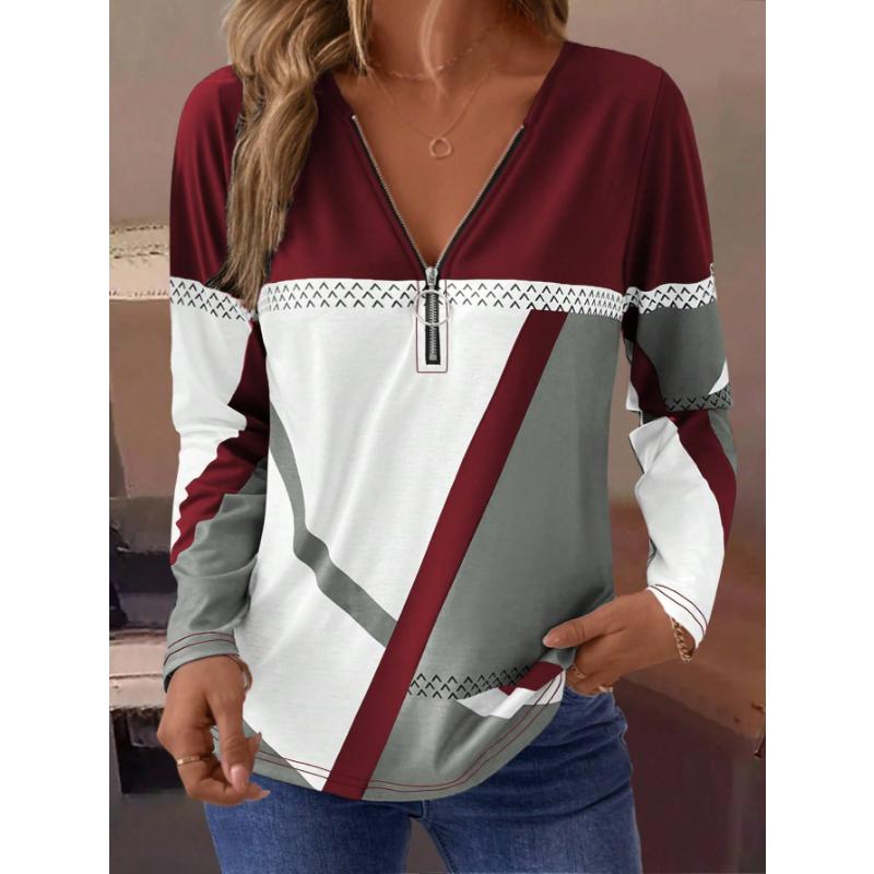 LanaWest Damen Casual Herbst/Winter Langarm-T-Shirt mit halbem Reißverschluss am Ausschnitt, Grafik-T-Shirts mit geometrischem Print, Damenoberteile für den Frühling