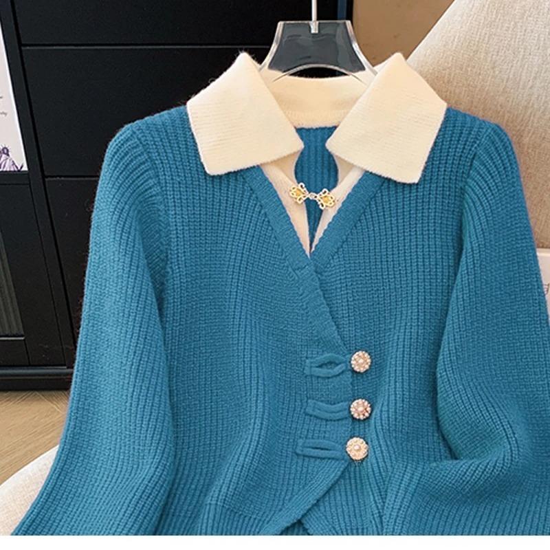 Autumn Spring Design Splicing Slim Women Knitted Cardigan Sweater Jacket Fashion Fake Two Items Loose Ladies Top
