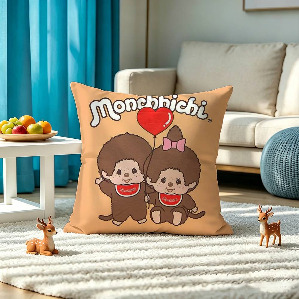 Cartoon M-M-Monchhichis Anime Square Double-Sided printed Pillow Case Bedroom Bedside Pillow Sofa Cushion Cover