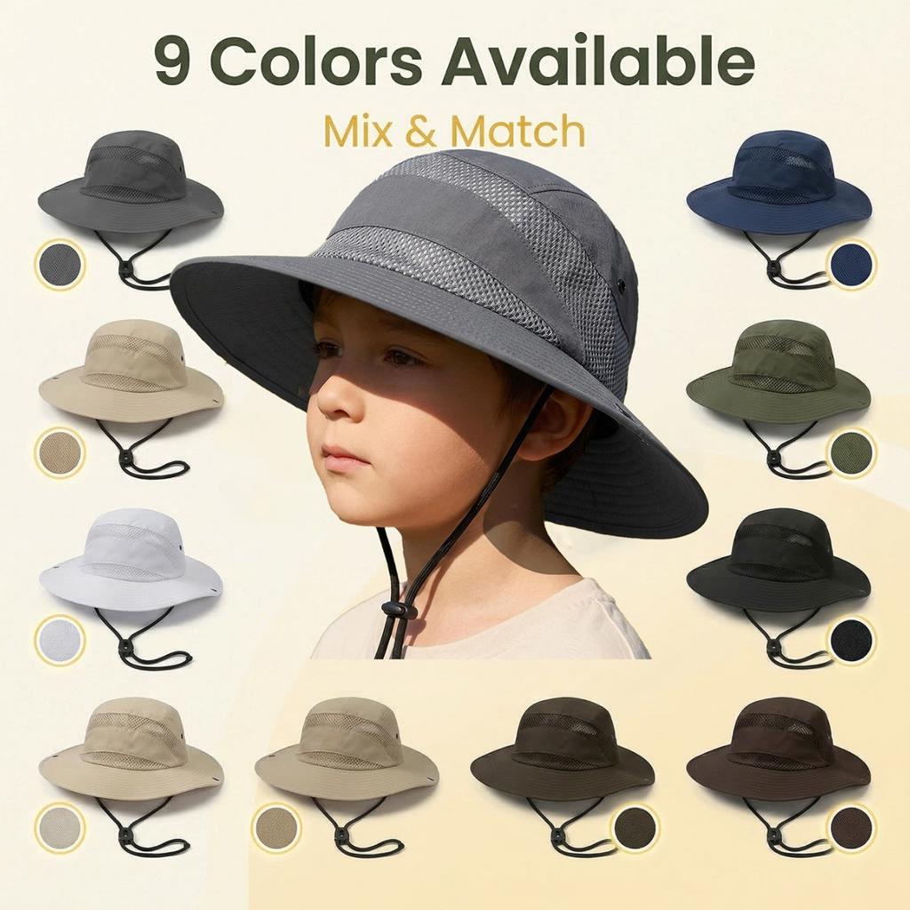 Foldable summer children's outdoor hiking, climbing, fishing sun hat with sun protection net eyelets and breathable fabric