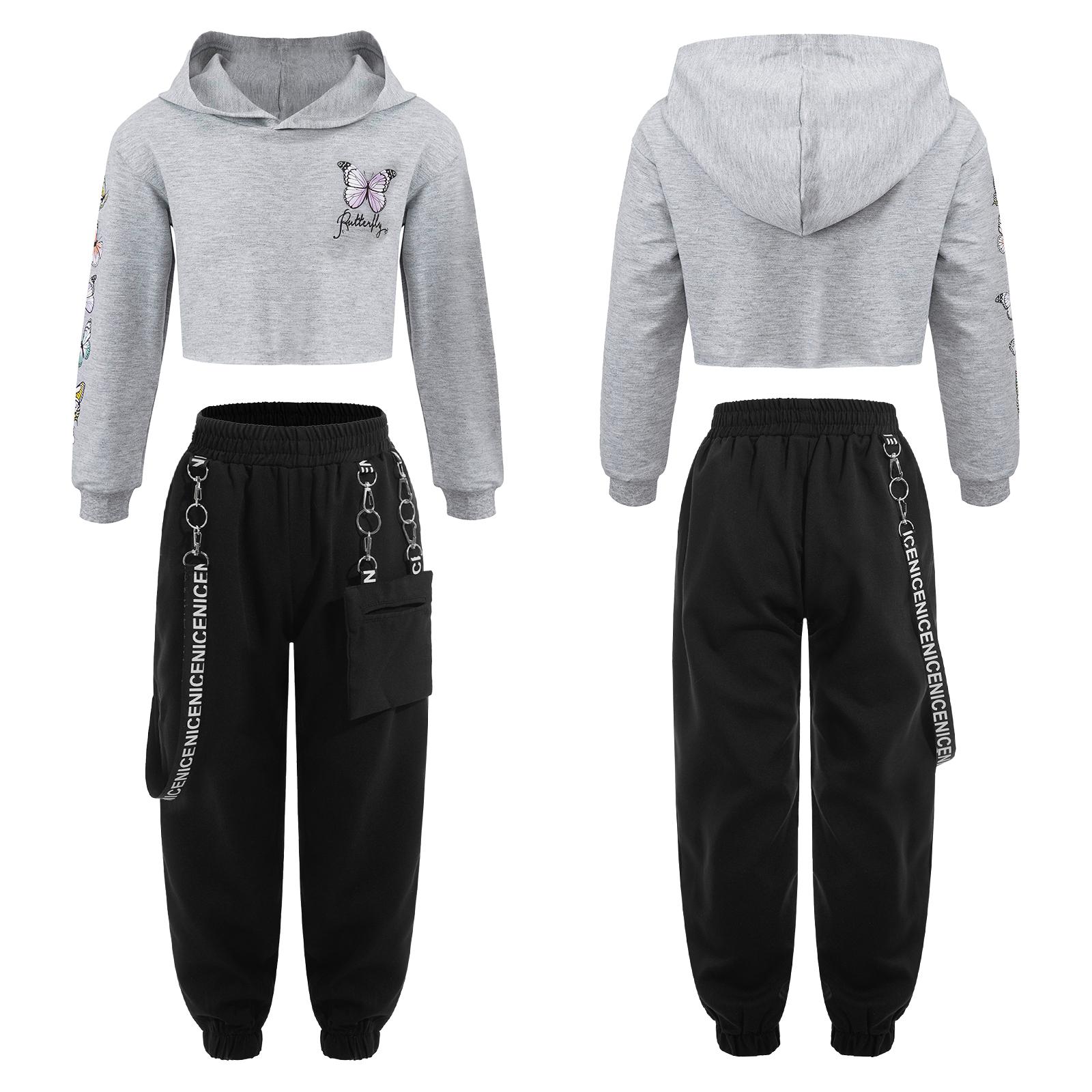 

Kids Hooded Butterfly Print Cropped Sweatshirt Long Sleeve with Elastic Waistband Chain Pocket Sweatpants for Hip Hop Dance Stage Performance 7-8 Years