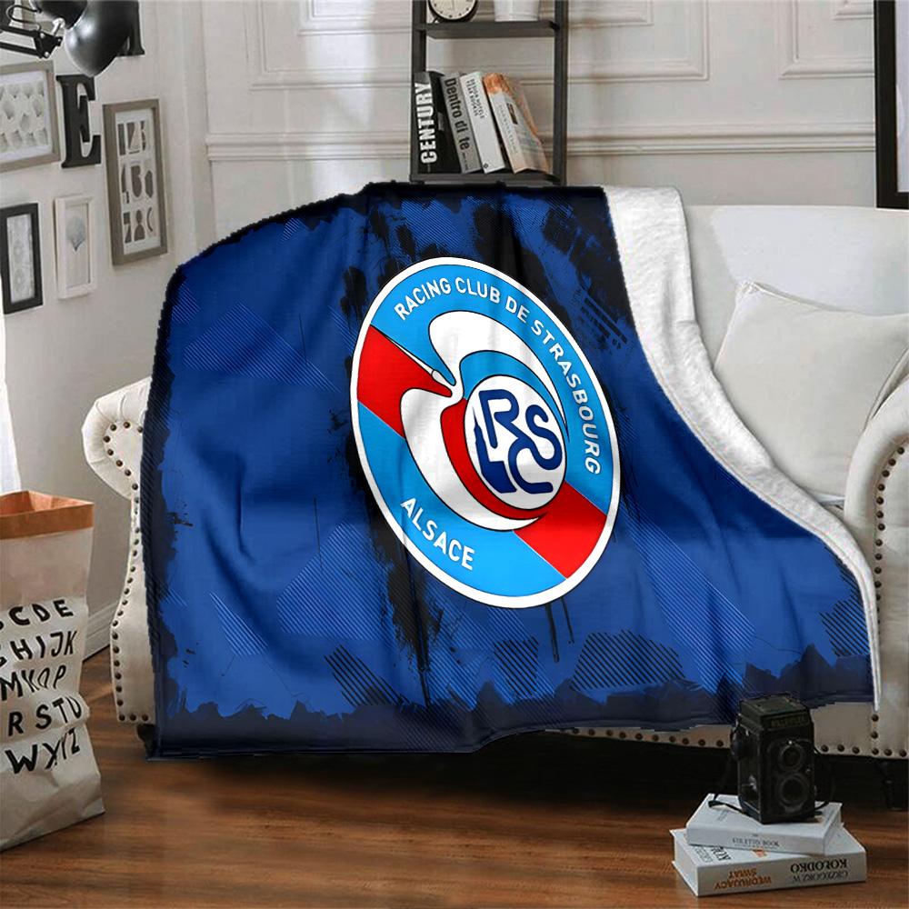 Racing Club Strasbourg Crest Flannel Blanket, Soft Polyester, Modern Design, All-Season for Camping, Travel, Gifts for Holidays or Birthdays