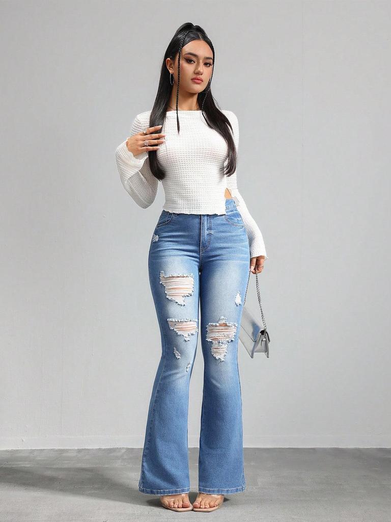 Women's High-Waisted Ripped Micro-Flare Jeans