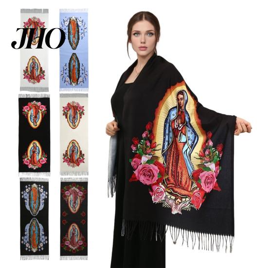 Versatile Silk Scarf Virgin Mary Shawl Soft Cashmere Warm Wrap Luxury Comfort Tassel Scarves Winter Lightweight Blanket Religious Accessory Fine Weave