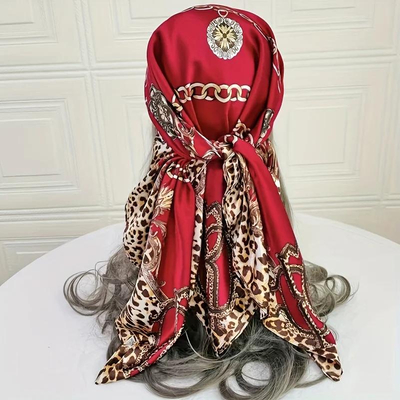 New Leopard Chain Print Square Turban Scarf Classic Satin Bandana Vintage Hijab Women Head Wraps Windproof Shawl