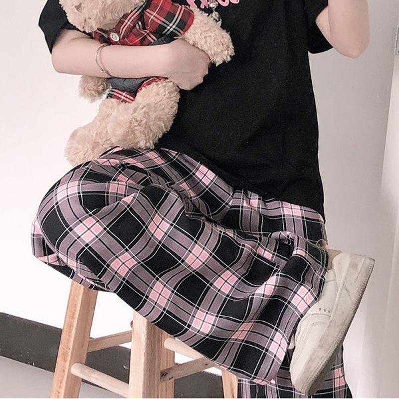 Harajuku Plaid Wide Leg Pants Women Streetwear Oversized Baggy Sweatpants Vintage High Waist Casual Joggers Black Trousers