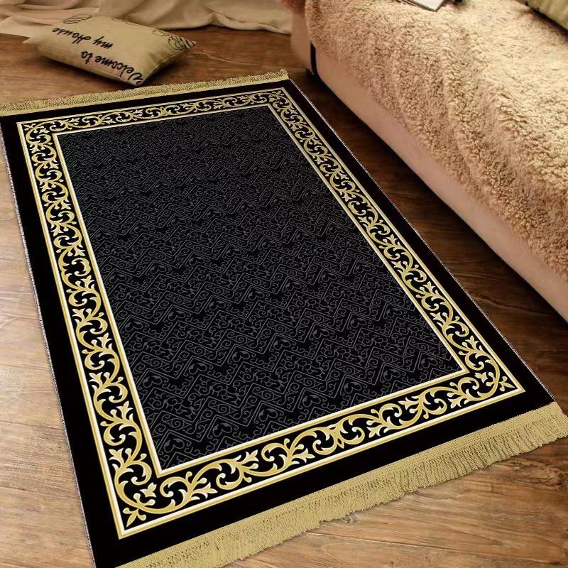 Ethnic Style Flannel Floor Mat with Middle Eastern Gold Diamond Velvet Print