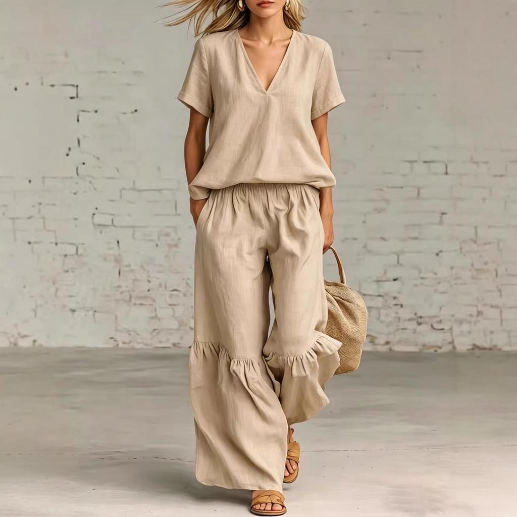 Women V Neck Ruffled Hem Linen Blend Two Piece Set Wide Leg Pants Summer Casual Outfit