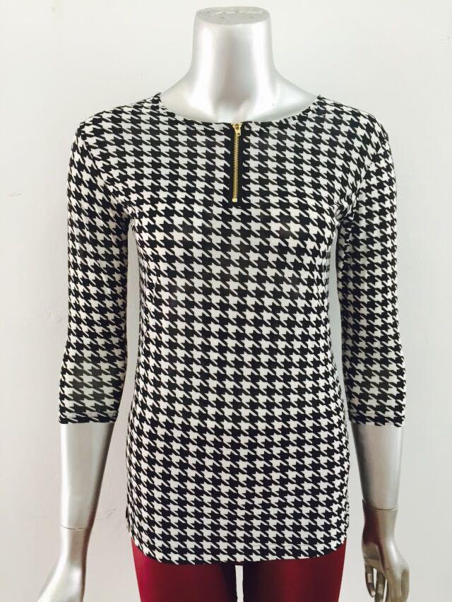 

2025 Korean Style OL Houndstooth Slim Fit 7-Sleeve Zipper T-Shirt M