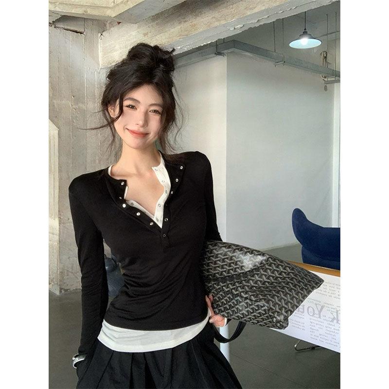 

Female Tees Patchwork Black White Button Neck Long Sleeve Girls Casual T-shirts For Women S чорний