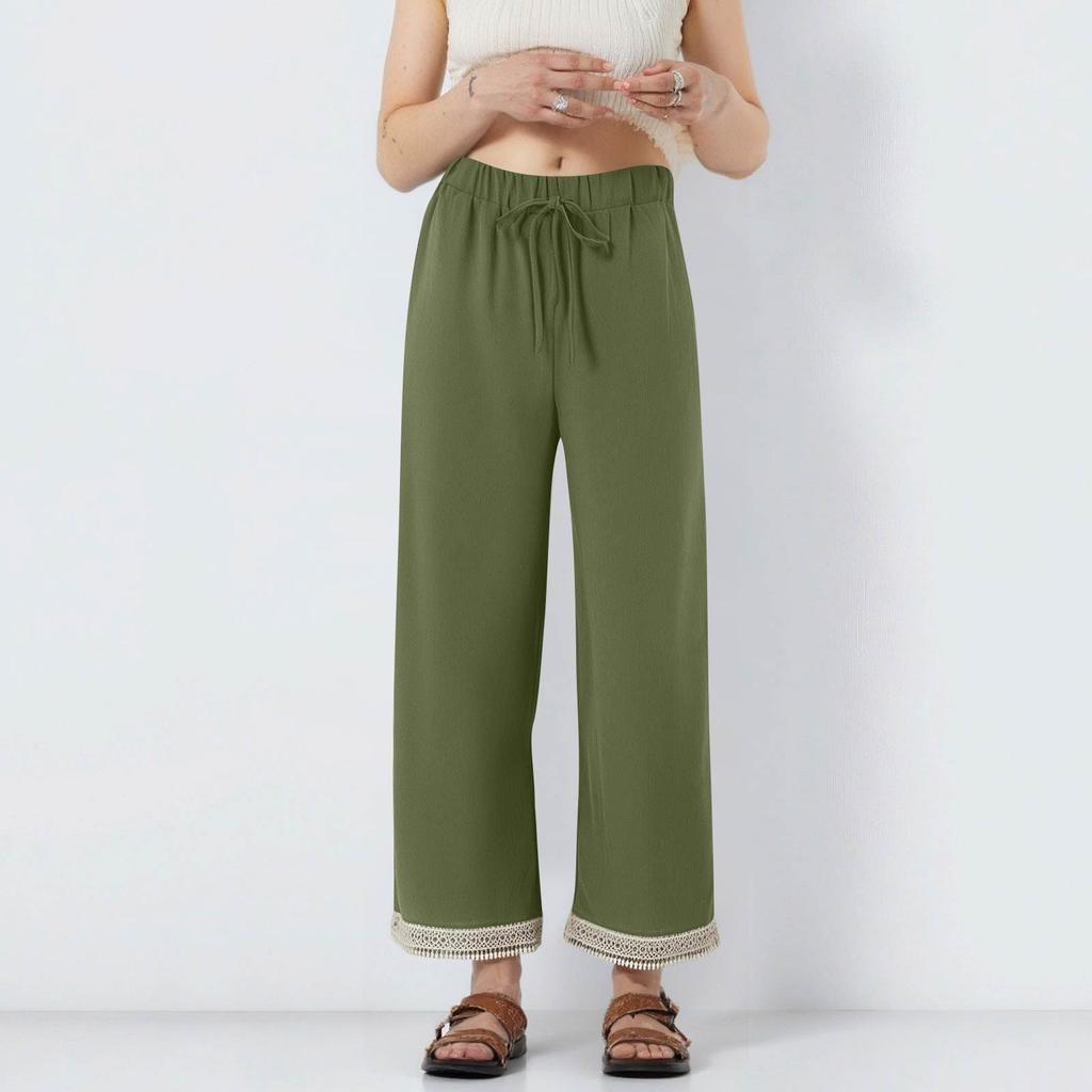 Women's Fashion Solid Color Pocket Drawstring Cotton Linen Lace Casual Pants