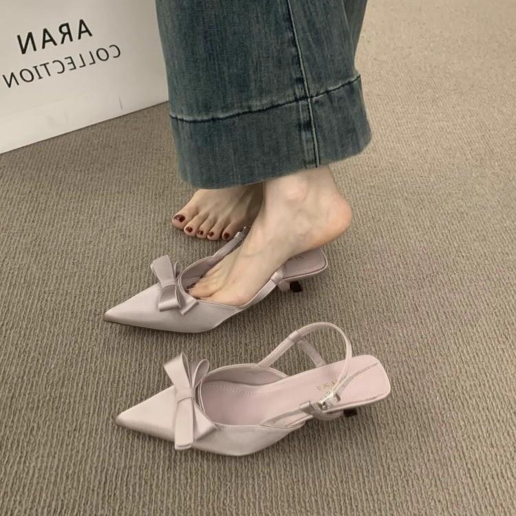 Hot Selling Women's High Heel Sandals 2025 Pointed Toe Slip-On Butterfly Knot Thin Strap Buckle Leather Fashionable Outdoor Wear