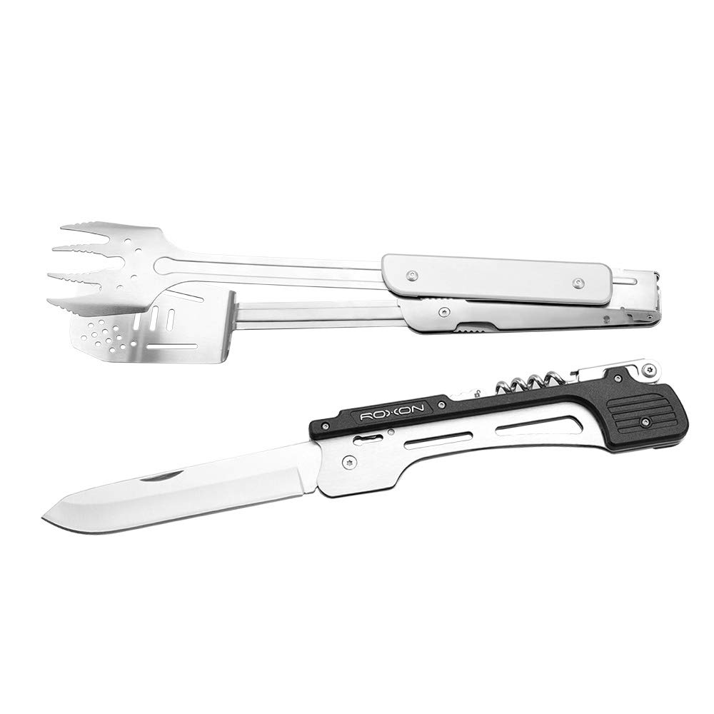 ROXON S601 Camping BBQ Tools 6 in 1 MBT3 Folding Grill Utensil Set Grill Tongs for Backyard BBQ Camping