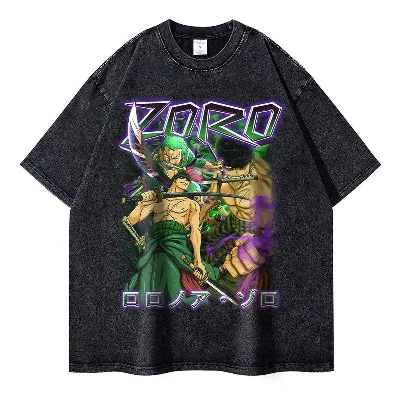 T-shirt con Stampa Grafica Manga di One Piece Roronoa Zoro per Uomo Donna Streetwear Harajuku Moda Top Oversize Cotone Lavato Retrò Girocollo Estate Nuova T-shirt