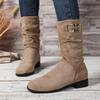 Versatile Metal Buckle Mid-Tube Boots Autumn Fashion Round Head Cow Suede Sleeve Soft Slip Single Boots