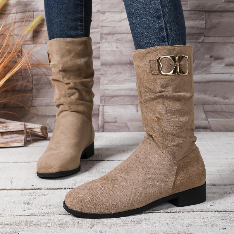Versatile Metal Buckle Mid-Tube Boots Autumn Fashion Round Head Cow Suede Sleeve Soft Slip Single Boots