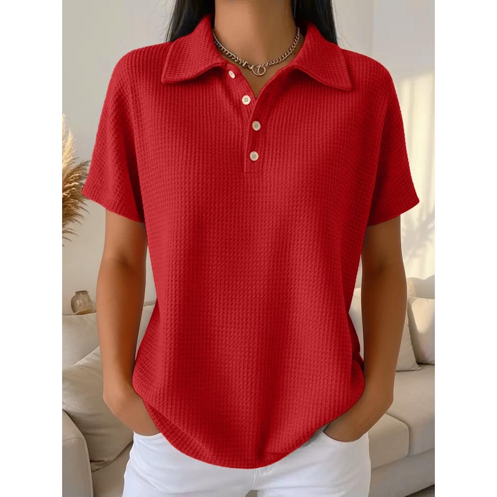 Spring Summer New Solid Color Waffle Loose Short Sleeve Fashion Polo Top Casual Tee for Women