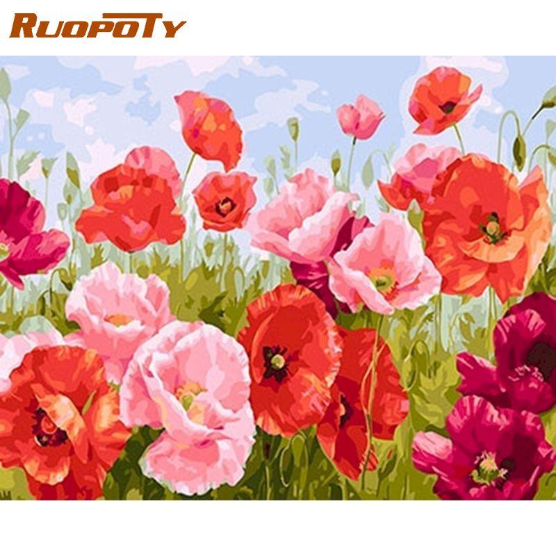 RUOPOTY Frameless Hand Painted DIY Digital Painting by Numbers Flowers Canvas Painting Kits Acrylic Wall Art Home Decor