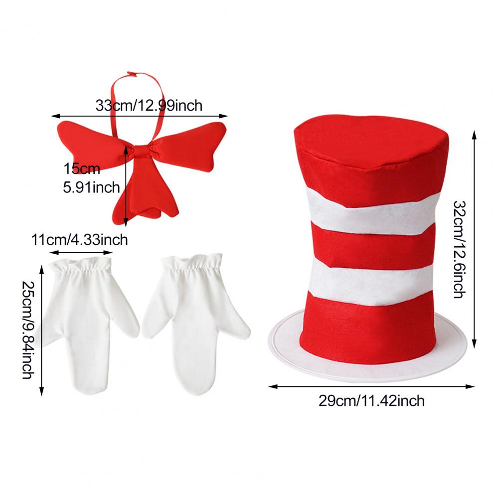 Red White Striped Hat Polyester Bright Stovepipe Tall Hat Bowtie Gloves Costume Lightweight Themed Party Headpiece For Kids