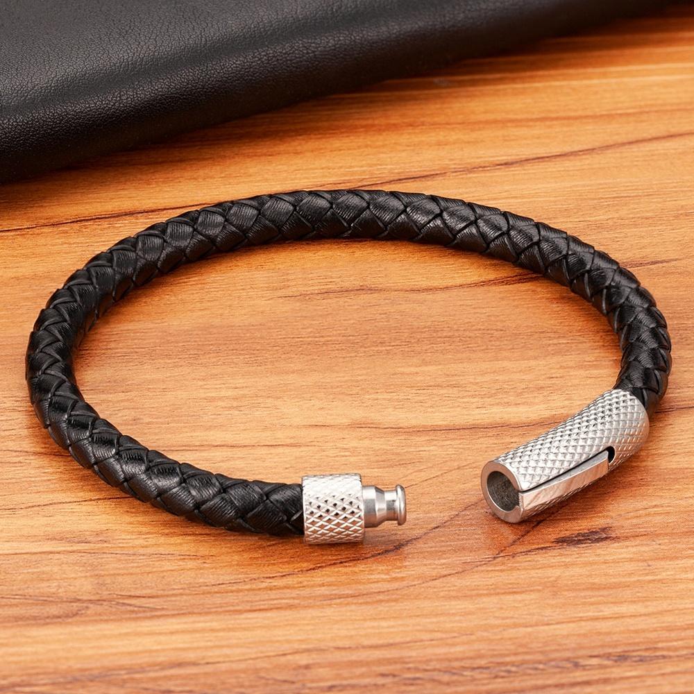 QIKU Fashion Mens Braided Leather Bracelet Black/Brown/Red Stainless Steel Retro Simple Bangle Jewelry Christmas Gift