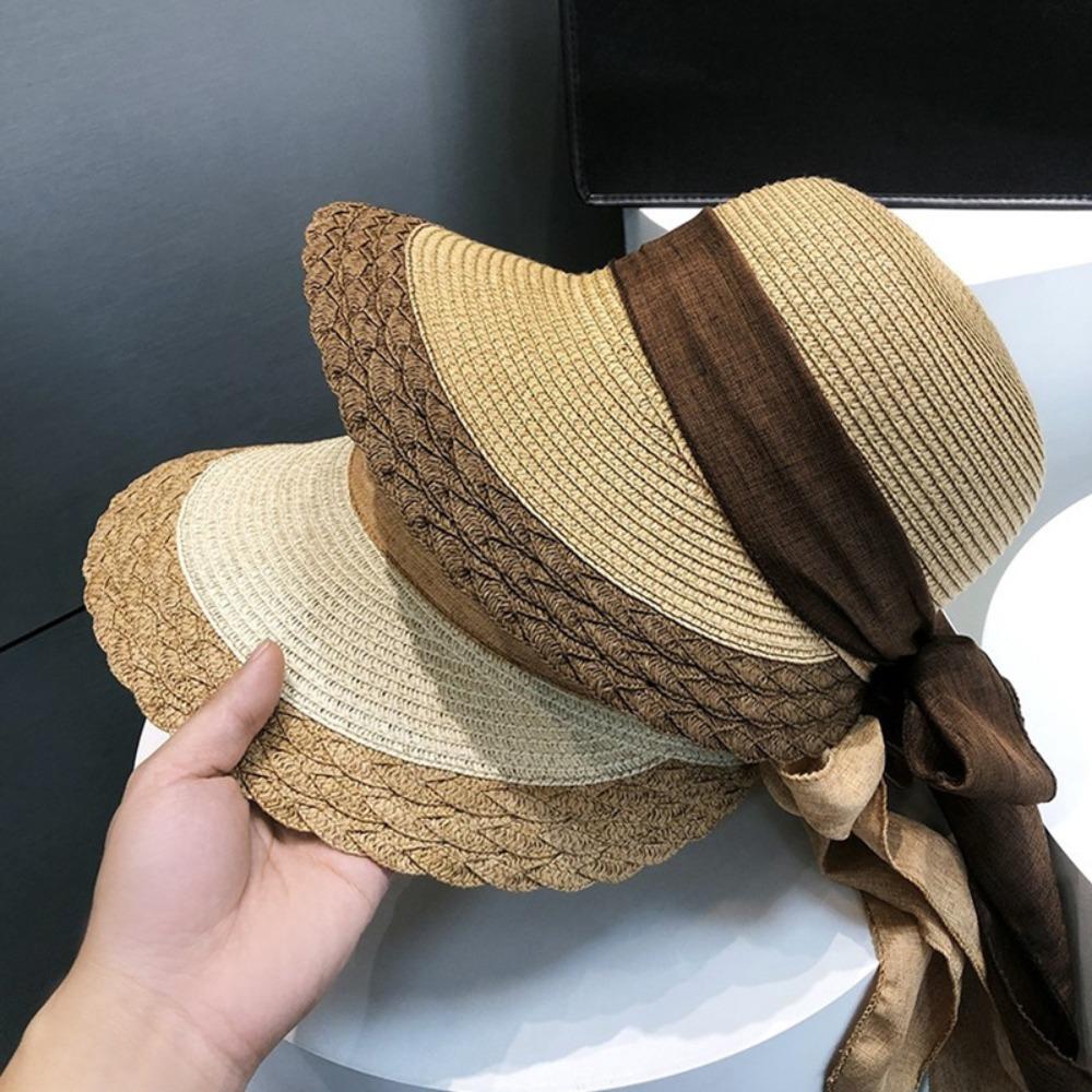 Hollow Out Big Brimmed Woven Cap Portable Bow Fisherman Cap Straw Weaving Beach Hat  Spring