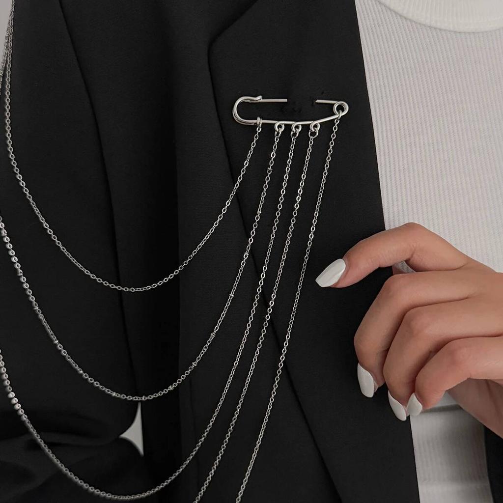 Salircon Trendy Simple Silver Color Brooch for Women Creative Multi Layer Tassel Dress Suit Pants Pins Clip Fashion Jewelry Gift