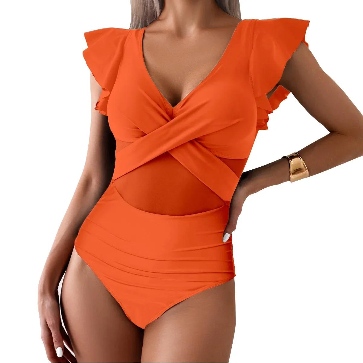 

Жіночий купальник 2025 Trend Tummy Control V Neck Sexy Bikini Ruched Купальні костюми Slim Fit Купальники з рюшами і рукавами XL