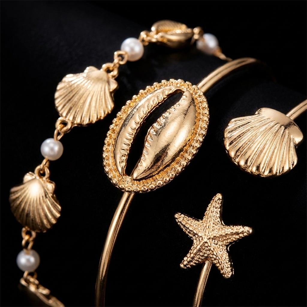 5 Pcs/Set Simple Metal Shell Starfish Open Bangles for Women Boho Summer Stackable Cuff Bracelet Seaside Beach Party Jewelry