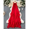 Seaside Holiday Dress Women's Pure Desire Atmosphere Halterneck Ruffles Chiffon Fairy Dress French Sleeveless Long Skirt