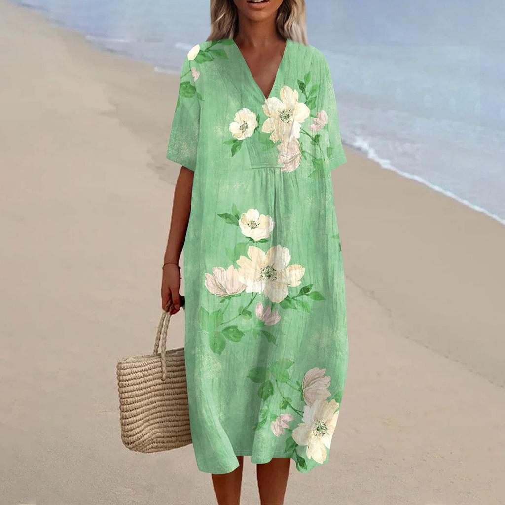 Damen Locker Lässig Mode V-Ausschnitt Bedrucktes Kleid Strandrock