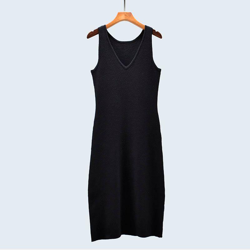 

Brand Label Cutting Fall and Winter New V-neck Long Vest Slimming Female Slim Fit Inner Wear Base Knitting Sling Dress Black S