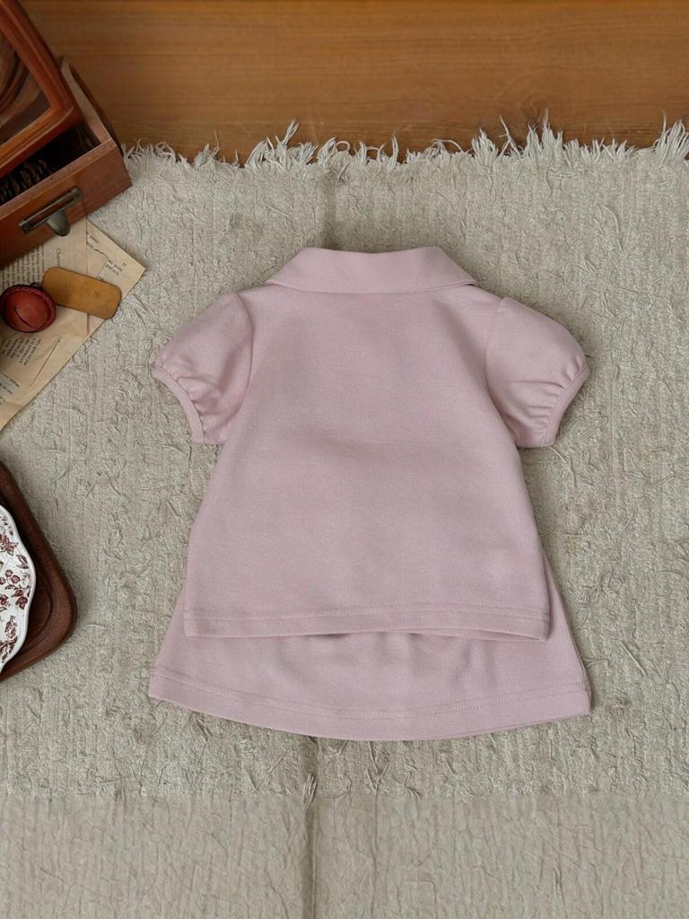 2026 Summer Girls Baby Pink Embroidered Puppy Polo Shirt & Skirt Set