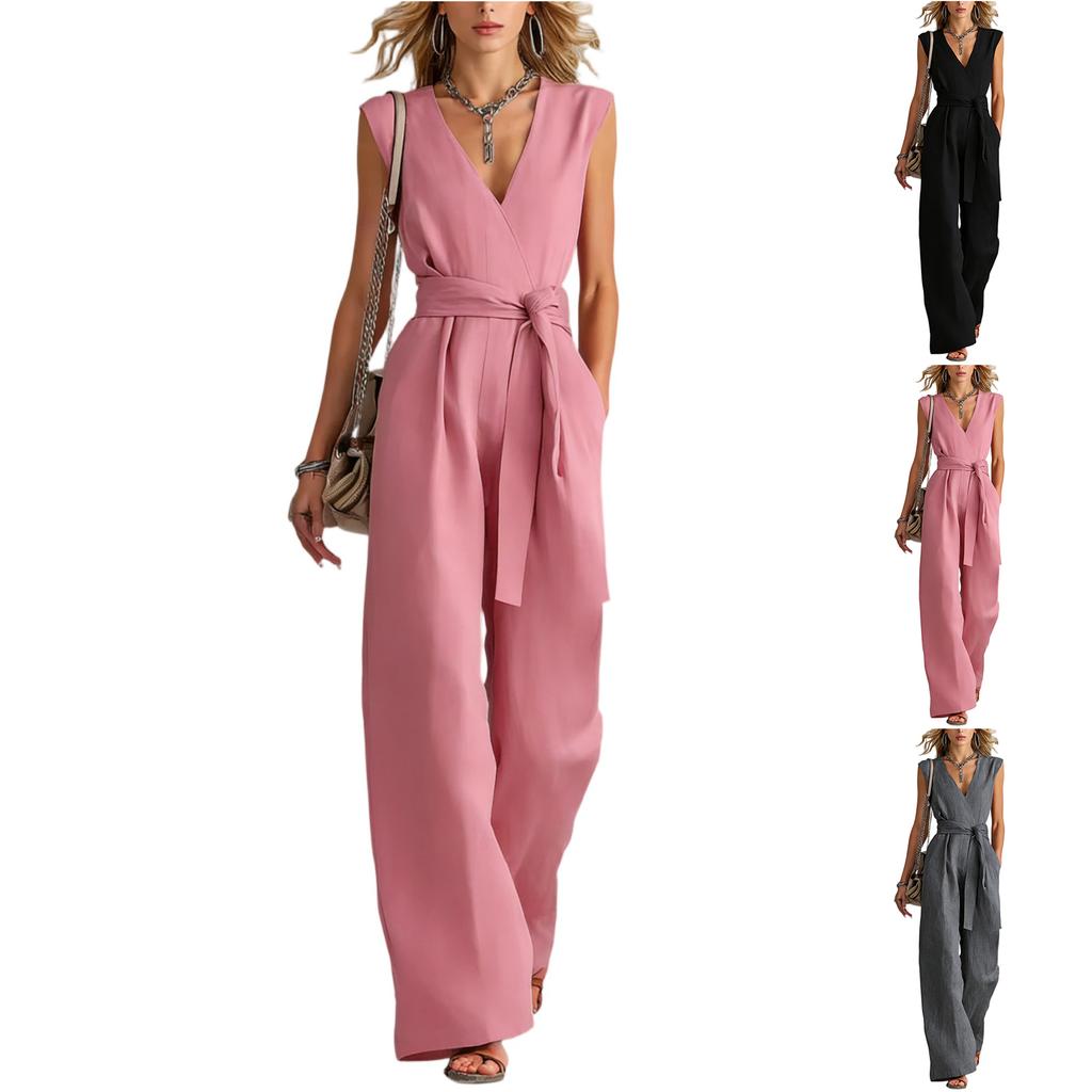 Damen V-Ausschnitt Weiter Bein Ärmellos Mit Gürtel Lang Jumpsuit