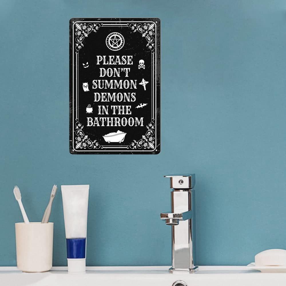 POBBUK Halloween "Please Don't Summon Demons In The Bathroom" Metal Sign - Funny Dark Humor Goth Witchy Bathroom Wall Decor