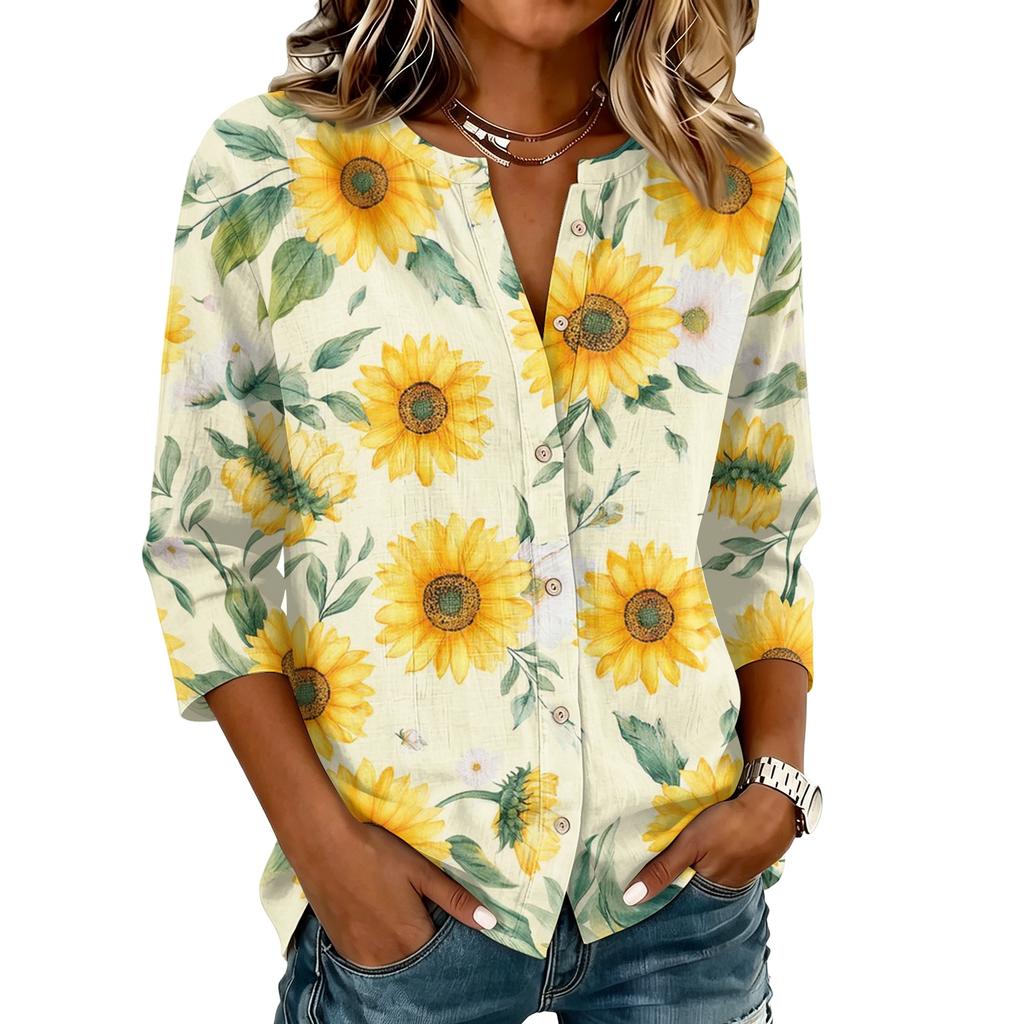 Women's Vintage Floral Print Henley Button Neck Three Quarter Sleeve Linen Cotton Shirt Casual Lightweight Blouse for Everyday Wear