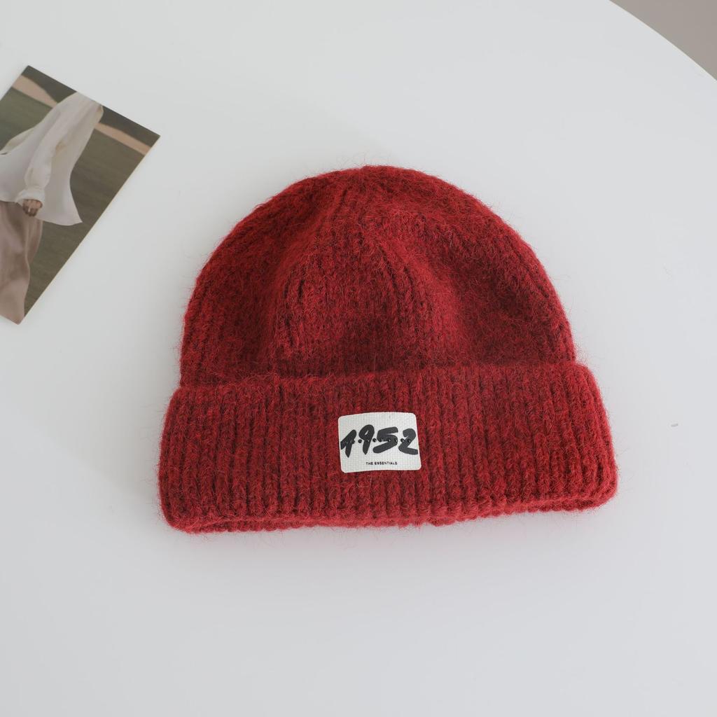 Japanese Simple Letter Pattern Labeling Knitted Hat for Women In Autumn and Winter New Warm and Thickened Cold Hat Showing A Small Face
