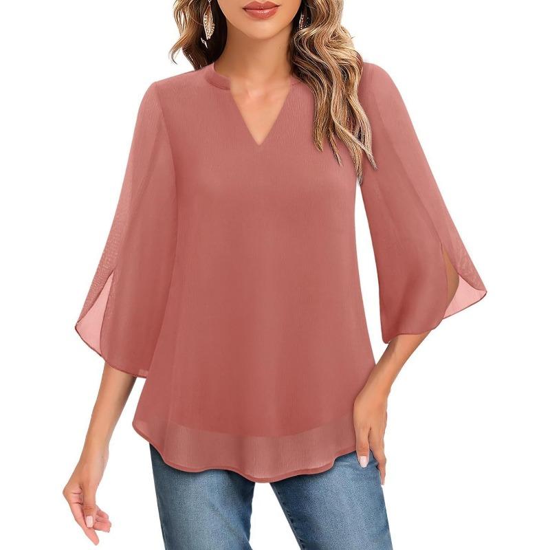 Women V Neck Chiffon Blouse With Split Three Quarter Sleeves Casual Layered Top