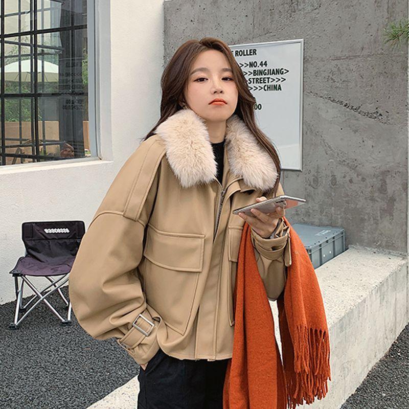 Zimní kožená parka s fleecovou podšívkou pro ženy Korejská volná krátká bunda Teplý svrchní oděv