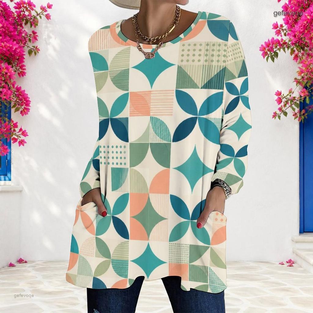 Women Plus Size Round Neck Long Sleeve Floral Plaid Printed Loose T Shirt With Pockets