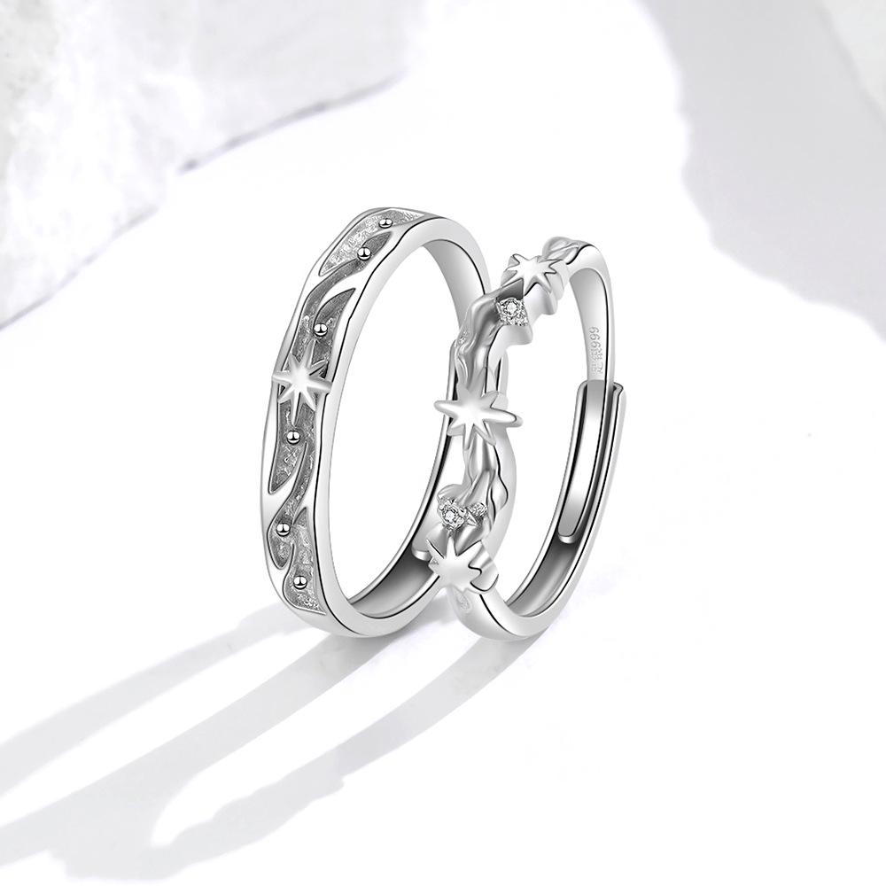 Sterling Silver Starry River Couples' Open Rings: Elegant Luxury Design with Zirconia Stars for Men and Women.