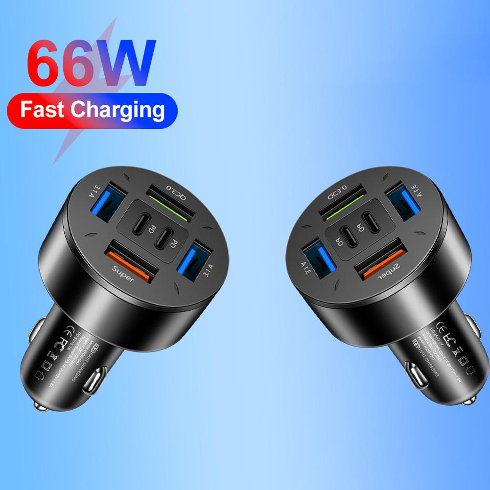66W 6-Port Car Charger Adapter 12-24V QC3.0 PD Type C Mobile Phone Charger USB A+USB C for iPhone 15 14 Xiaomi Huawei Samsung