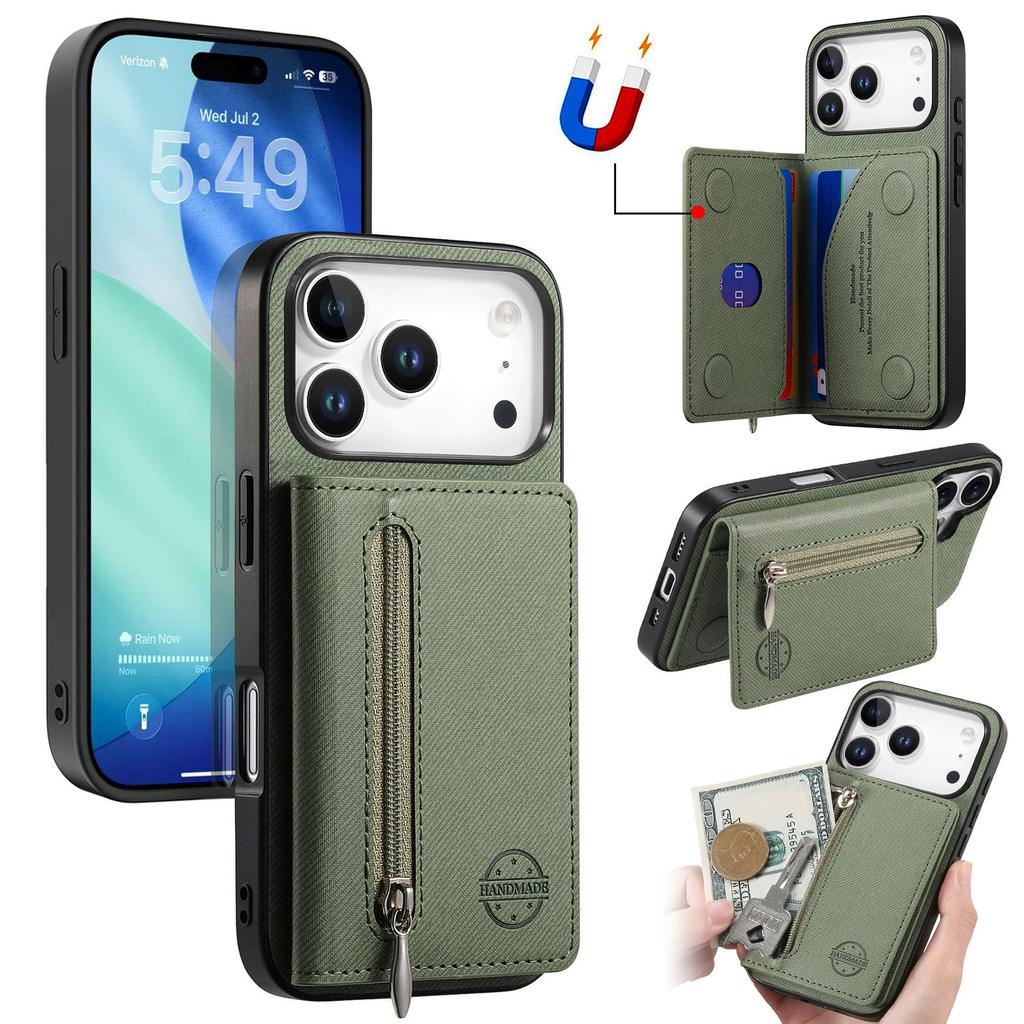 For iPhone 17 Pro Max Case Zipper Card Holder Kickstand Jeans Cloth Texture Leather Back Cover