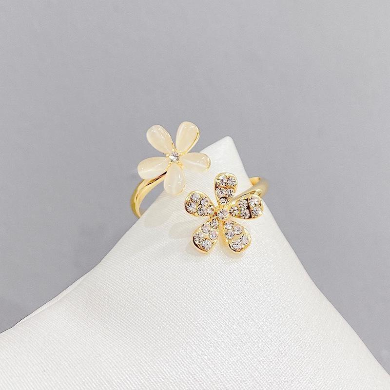 Cincin Pembukaan Opal Bunga, Boleh Laras, Untuk Wanita, Rekaan Daisy Kecil, Set 2 Keping