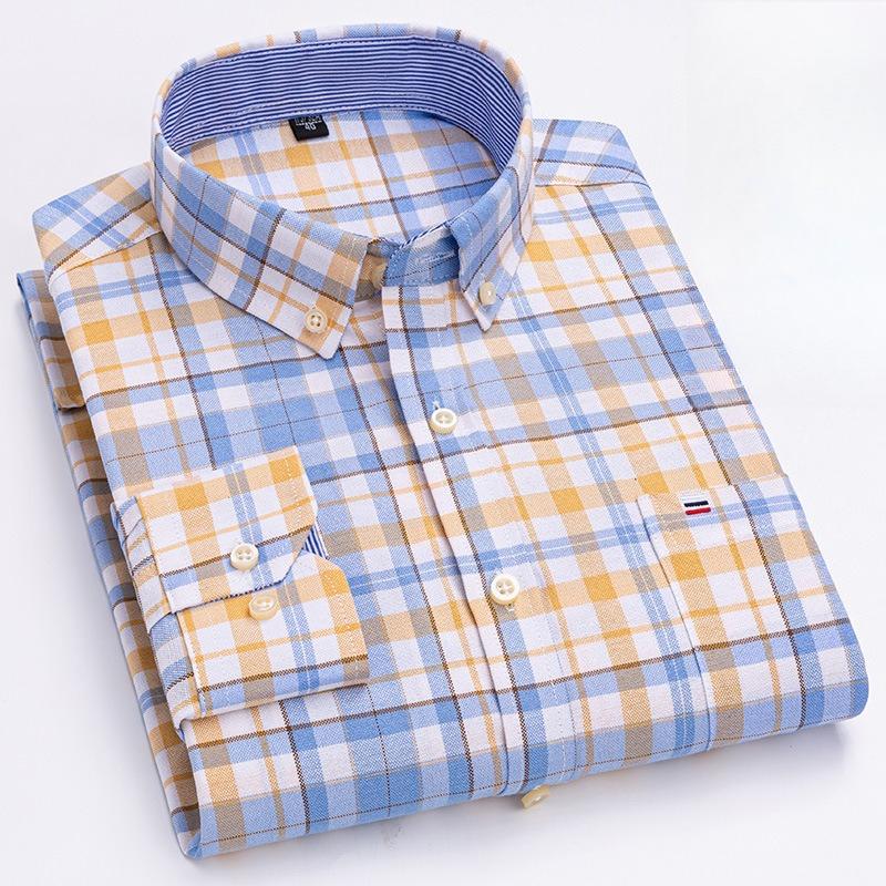 Men's Oxford Long Sleeve Square Collar Soild Plaid Striped Summer Casual Shirts Single Pocket  Shirt