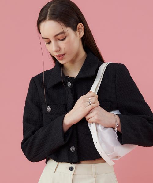 Koleat Women Crop Daily Collar Tweed Jacket [Black] Blazer Ver.