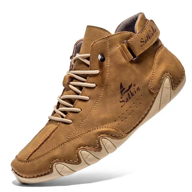 Handmade men's retro leather boots, fashionable designer shoes, outdoor boots, men's walking shoes, men's breathable boots